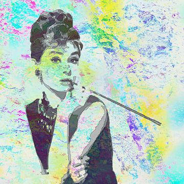 Audrey Hepburn - Breakfast at Tiffany’s Vector Art Portret in Geel, Blauw, Groen, van Art By Dominic