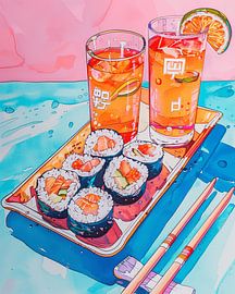 Sushi with drinks by Artsy