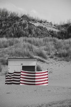 A beach cabin with dunes in the background