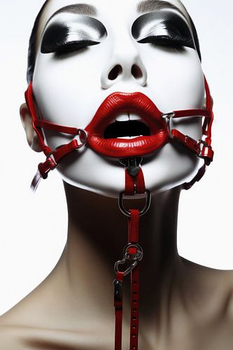 Digital created very beautiful woman with bizarre fetish mask in high fashion style