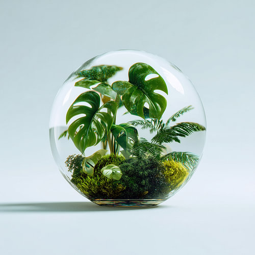 Monstera und Farne auf Moos in einer Glaskugel