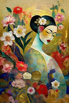 Bijzonder en sereen portret van een Japanse vrouw met bloemen van Studio Pieternel