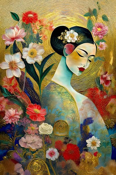 Außergewöhnliches und heiteres Porträt einer japanischen Frau mit Blumen von Studio Pieternel
