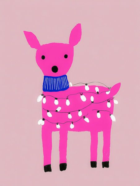 Cheerful pink reindeer with Christmas lights and blue scarf - playful winter art by But First Framing