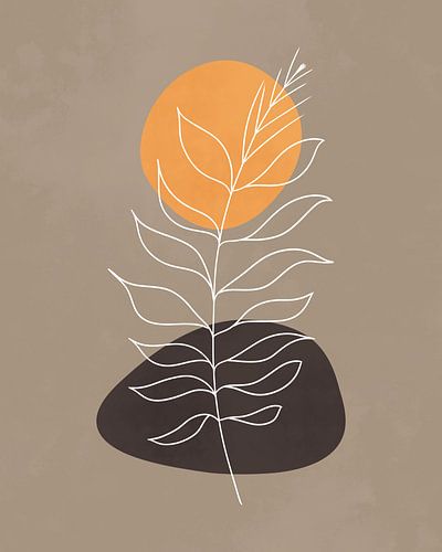 Abstract minimalistisch landschap in herfstkleuren met een oranje zon