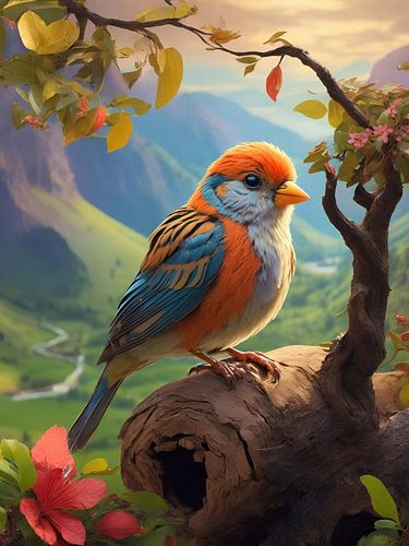 Een kleurrijke vogel op een boomstronk van Caroline van Gein