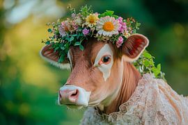 Cow in a wreath of flowers - fresh and elegant by Poster Art Shop