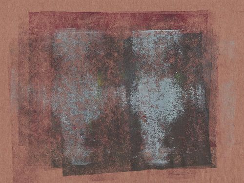 Abstract schilderij in warme terracotta, wijnrood en lichtblauw