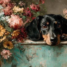 Dackel am Fenster mit Blumen von Erika Kaisersot