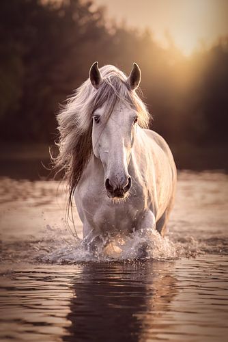 Spaanse hengst Preferido | Paard | Zonsondergang | paardenfotografie | fotobehang van Laura Dijkslag