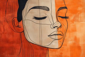 Contour van Emotie: Abstract Vrouwelijk Portret in Oranje van Eva Lee