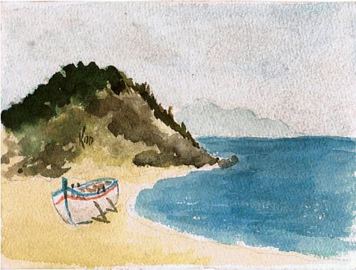 Boot / Vissersboot op het strand in Thracië geschilderd aquarel door VK (Veit Kessler) 1985