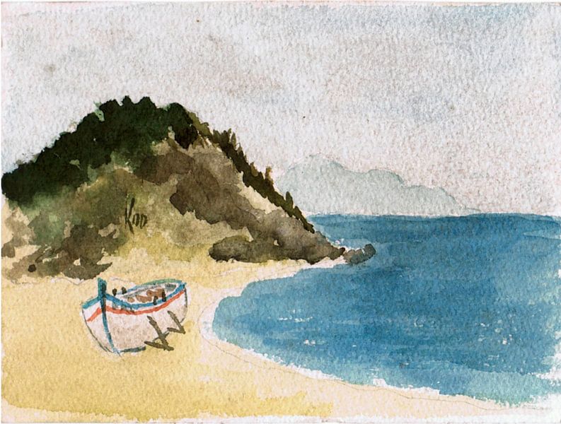 Bateau / Bateau de pêche sur la plage en Thrace peint à l'aquarelle par VK (Veit Kessler) 1985 sur ADLER & Co / Caj Kessler