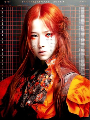 Portret vrouw Japan rasterpatroon rood oranje mysterieus