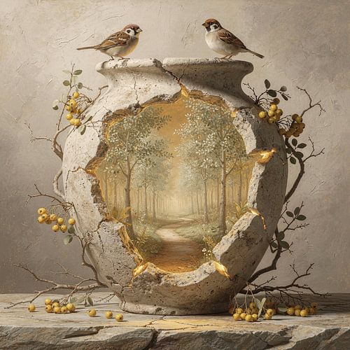 Landelijke rust – stilleven met vaas en bospad