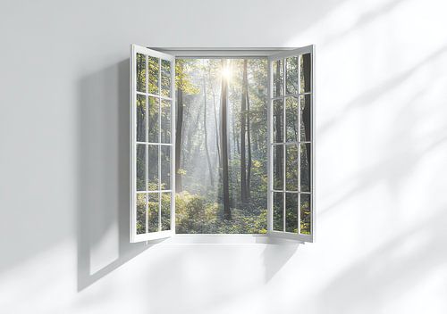 uitzicht op het bos vanuit de woonkamer