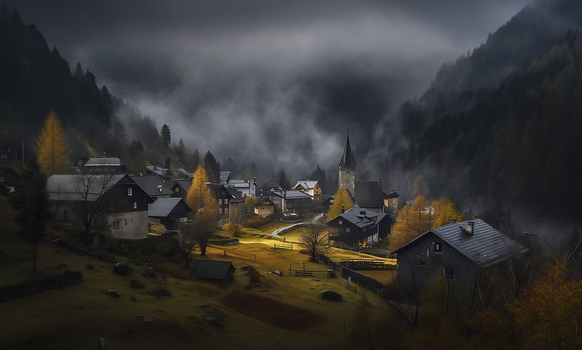 Herbstliches Dorf in den Bergen von fernlichtsicht