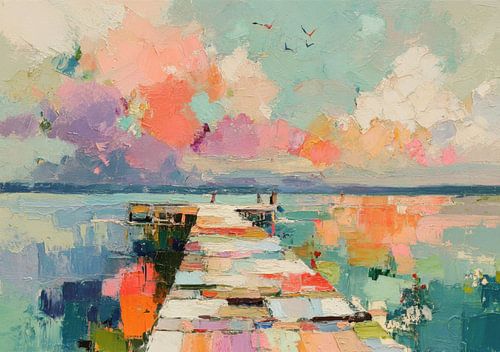 A colourful wooden jetty by the calm water by Niklas Maximilian
