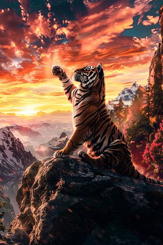 Tijger op berg bij zonsondergang