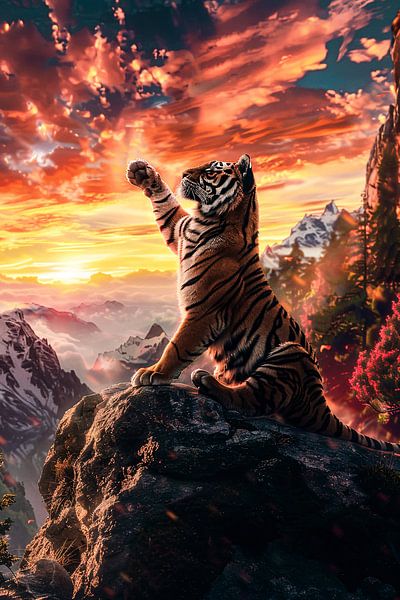 Tijger op berg bij zonsondergang van Art & Soul Creations