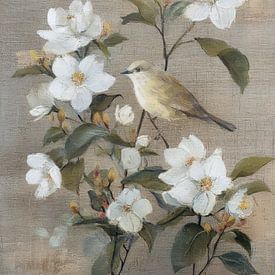 Vogel zwischen weißen Blüten auf Leinwandgemälde von But First Framing