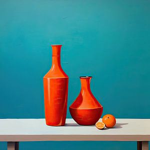 Two Red Vases (and a Tangerine) by ARTEO Paintings