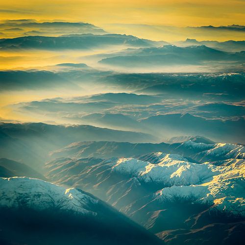 Aerial view Zagros mountains in Iran with fog