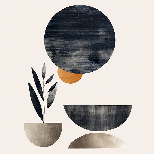 Abstractie - cirkels en plant - taupe grijs - no 1 van Marianne Ottemann - OTTI