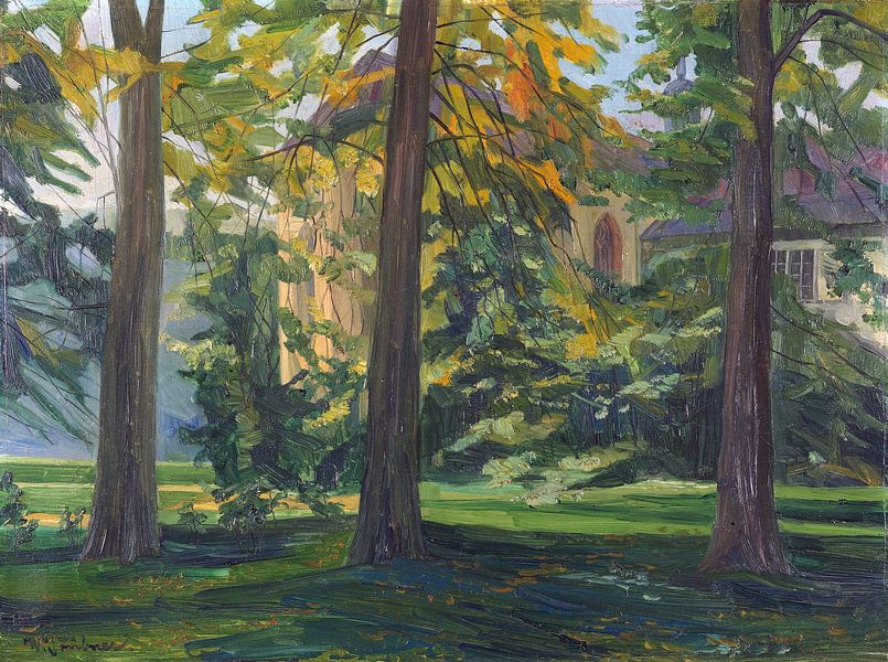 WILHELM TRÜBNER, Abtei Neuburg, Kapelle mit drei Bäumen, 1913 von Atelier Liesjes