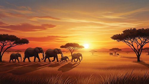 African Elephants at Sunset