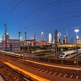 Stads skyline en spoorplatform hoofdstation Frankfurt/Main van Frank Herrmann