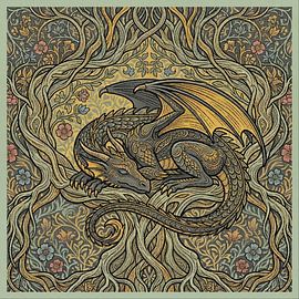 Verdant Slumbering Dragon - Art Nouveau Style by Art Fiorala