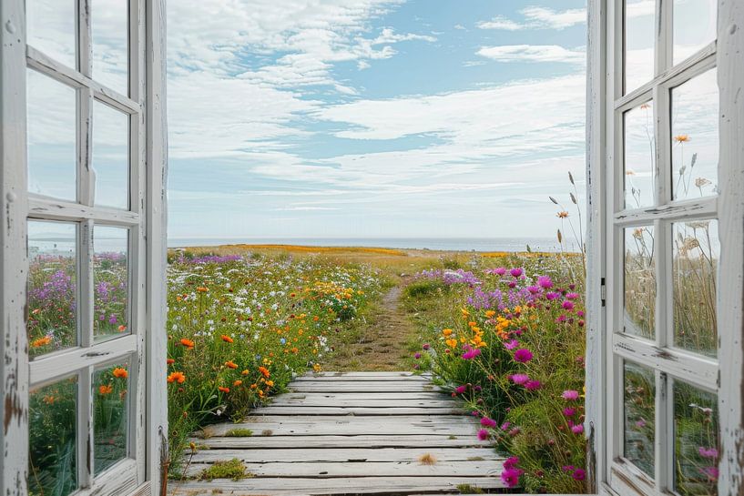 Fenster zur Blumenwiese von Poster Art Shop