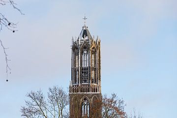 La tour Dom enneigée d'Utrecht depuis le parc Moreelse. (paysage)