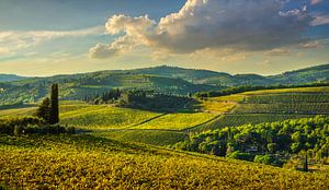 Panzano in den Weinbergen des Chianti bei Sonnenuntergang. Toskana, Italien