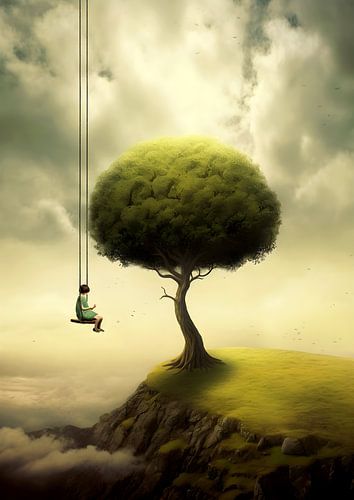 Meisje op schommel, grote boom, surrealisme