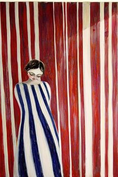 Red striped wall with woman in blue dress