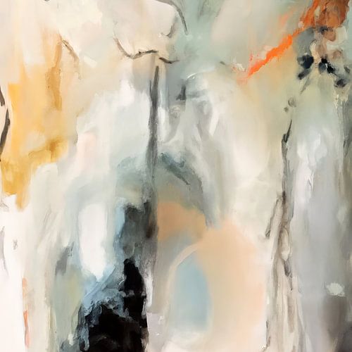 Peinture abstraite moderne en blanc, noir, orange, bleu et vert.