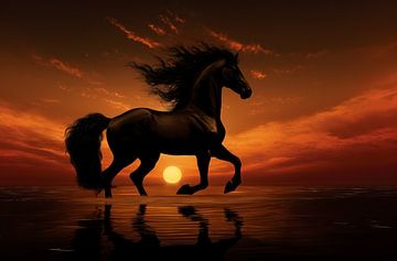Zwart paard zonsondergang galop van Ellen Reografie
