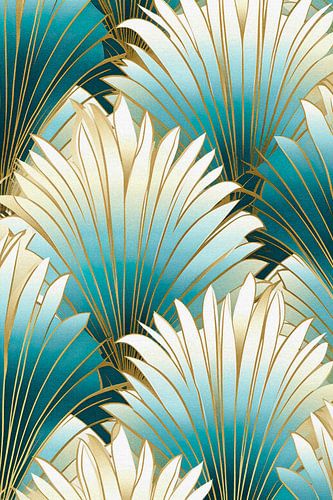 Art Nouveau Palm leaves in turquoise and off-white