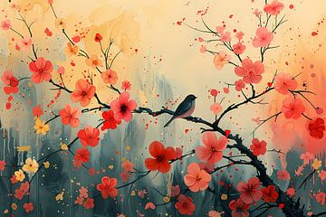 Aquarel vogel bloesemtak van Art & Soul Creations