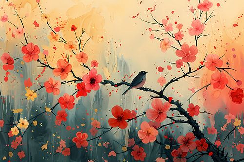 Aquarel vogel bloesemtak