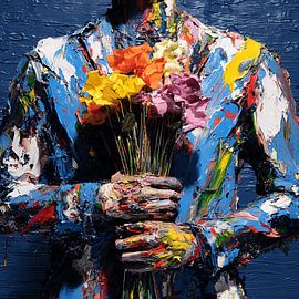 Surreale, schmerzhafte Schönheit – Kunstwerk: Person mit Nadelblumen – Düsteres, emotionales abstraktes Gemälde von Aden Pink Studio