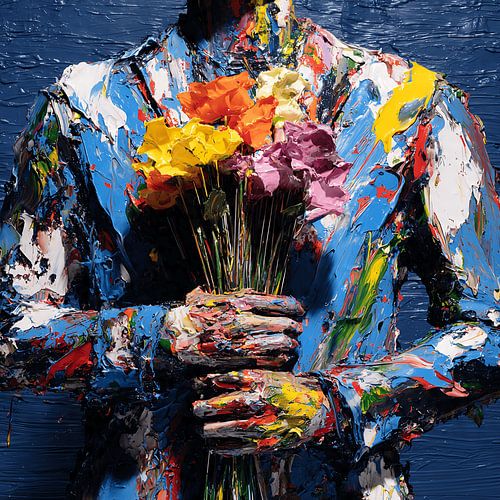 Œuvre d'art surréaliste et douloureusement belle : une personne tenant des fleurs en forme d'aiguilles – peinture abstraite sombre et émouvante
