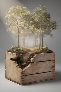 Forest landscape in wooden box – wooden box with forest and footpath by Kleurenrijk
