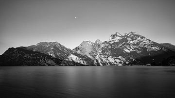 Panoramic picture black and white of Lake Garda with the mountains Cima Valdes, Monte Tremalzo and C