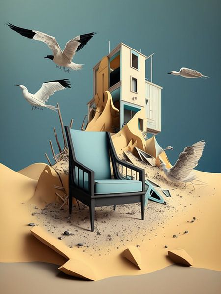 Küstenlandschaft Insel Häuser Vögel surreal Papier Maritim von gm_designs