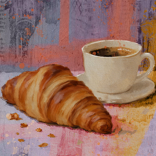 Stilleven met kopje koffie en croissant