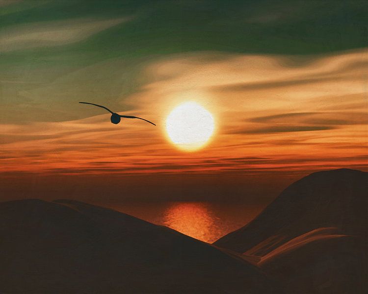 Zeemeeuw bij zonsondergang kust van Jan Keteleer (JanKé): Een reis voorbij het canvas