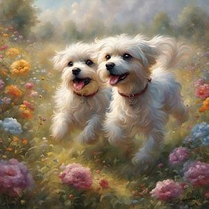Russian Toy dog playing in a Flowerfield by Johanna's Art